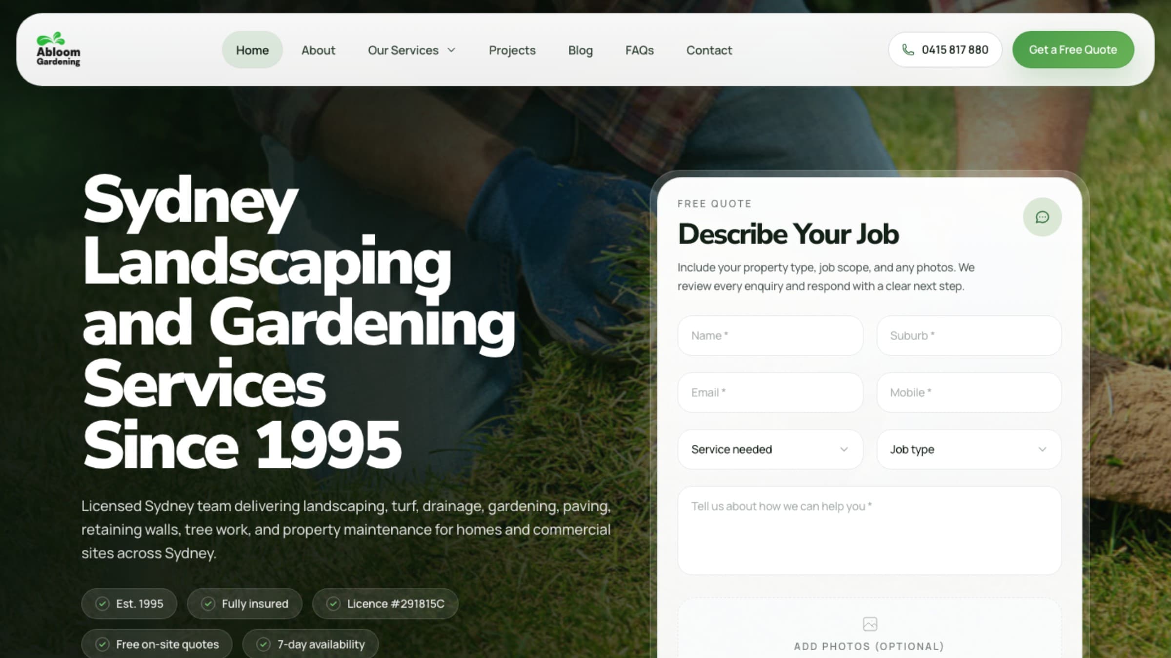 Abloom Gardening desktop website view