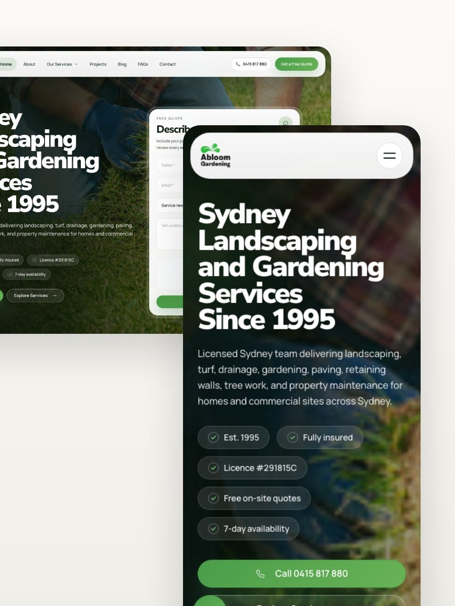 Abloom Gardening desktop and mobile website views
