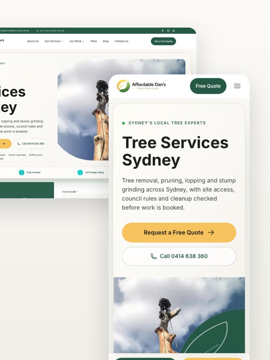Affordable Dan's Tree Services desktop and mobile website views