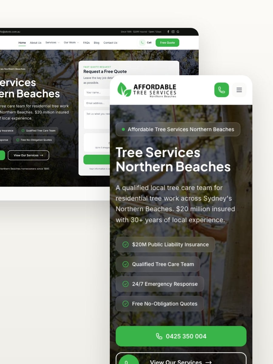 Affordable Tree Services Northern Beaches desktop and mobile website views