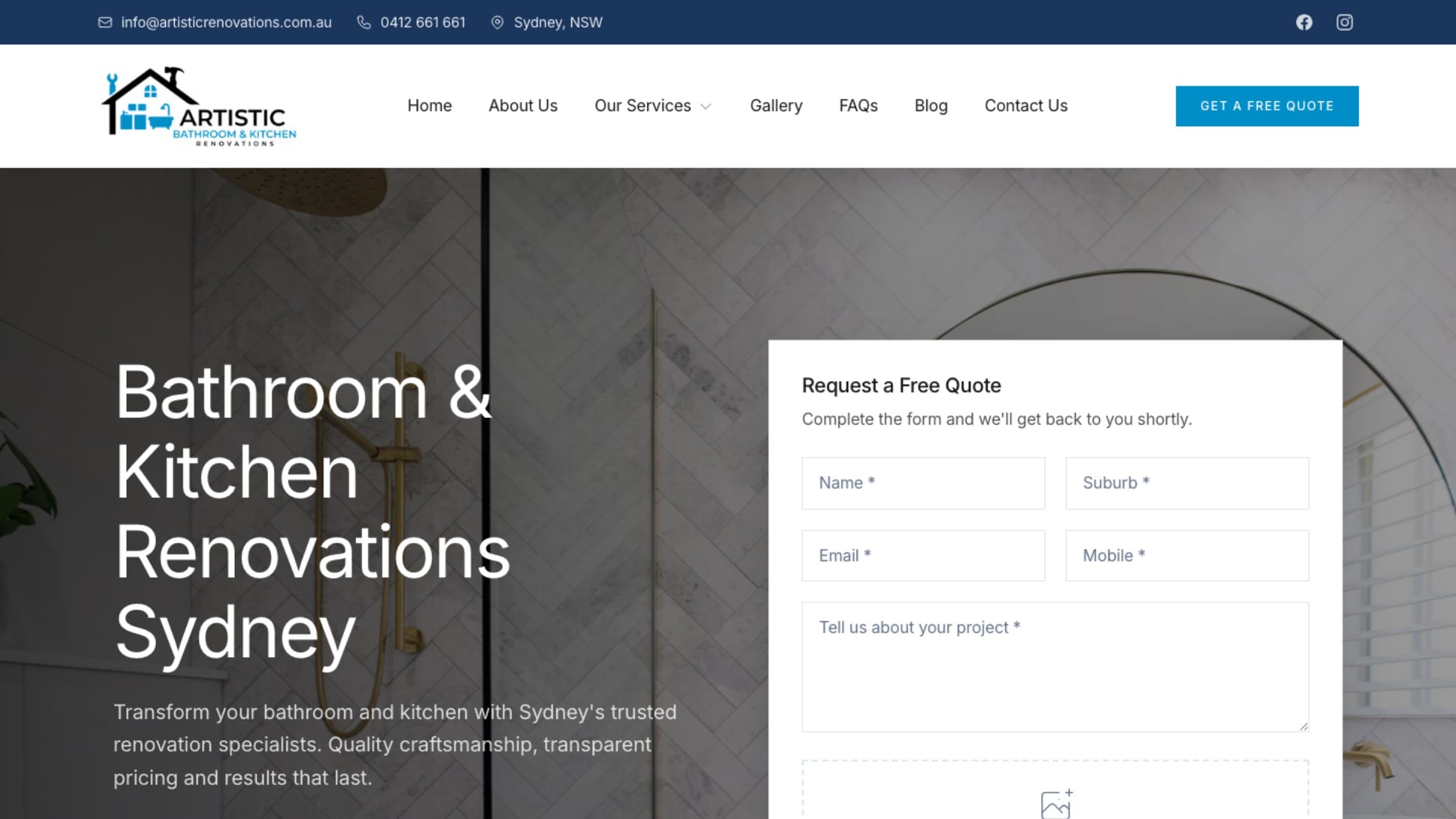 Artistic Bathroom & Kitchen Renovations desktop website view