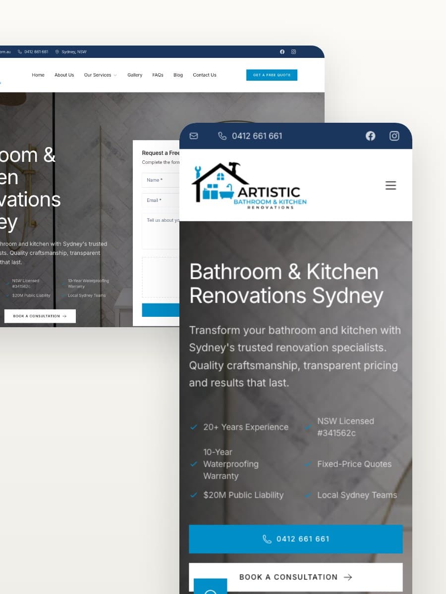 Artistic Bathroom & Kitchen Renovations desktop and mobile website views