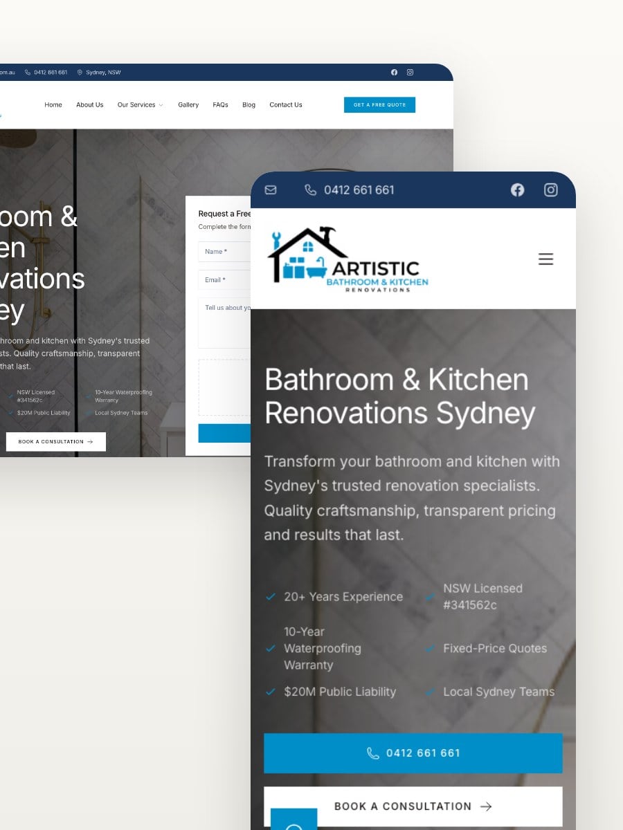 Artistic Bathroom & Kitchen Renovations desktop and mobile website views