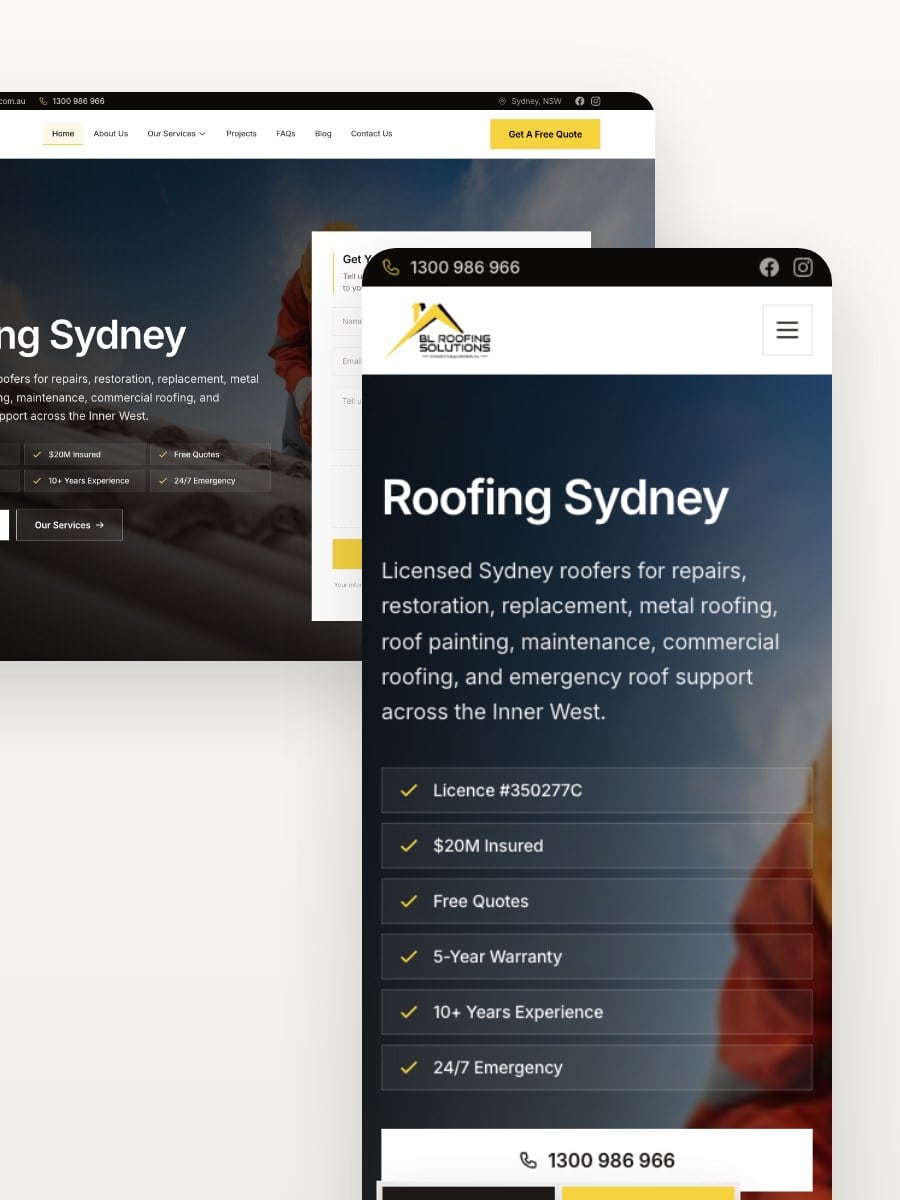 BL Roofing Solutions desktop and mobile website views