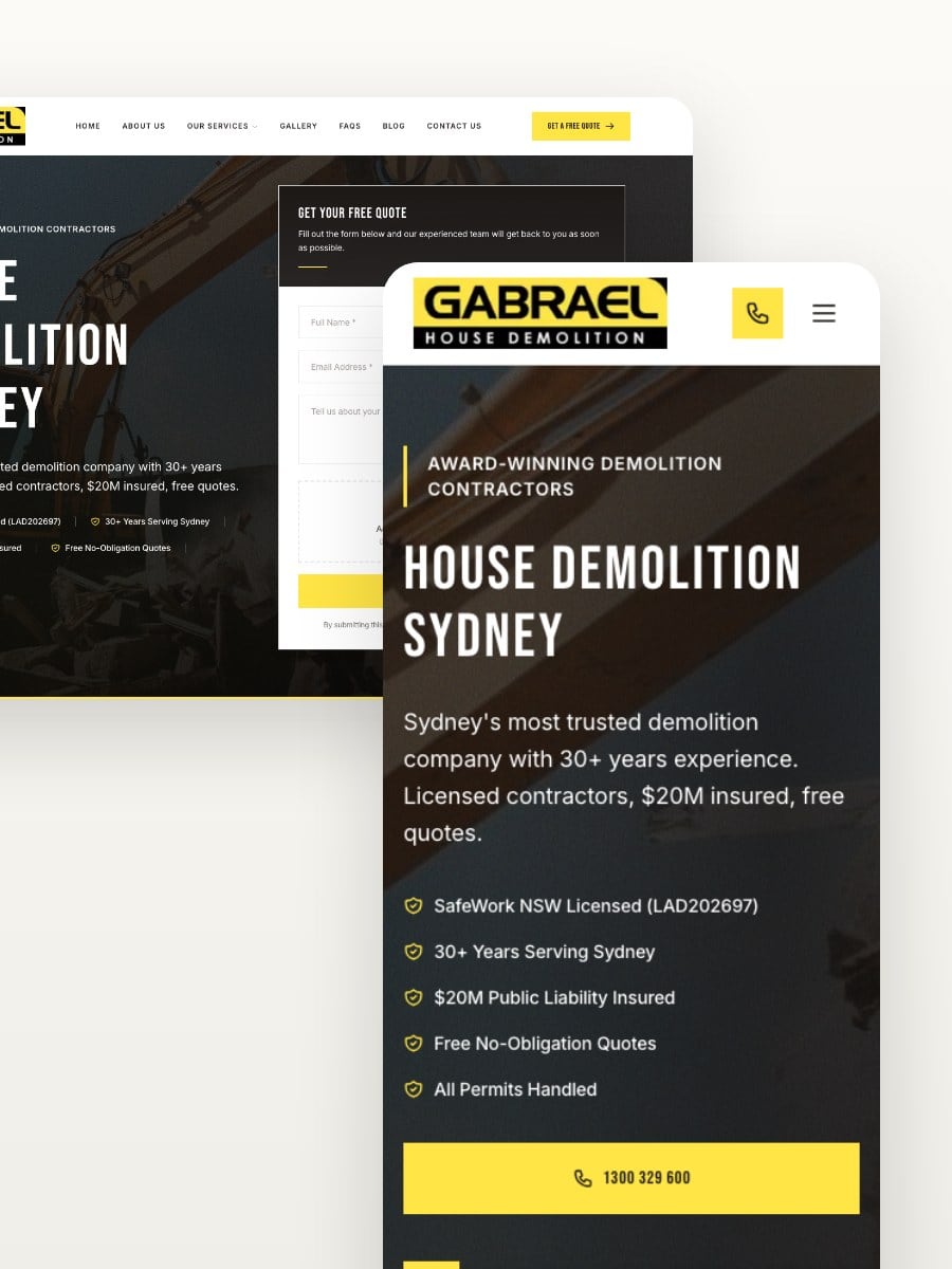 Gabrael House Demolition desktop and mobile website views