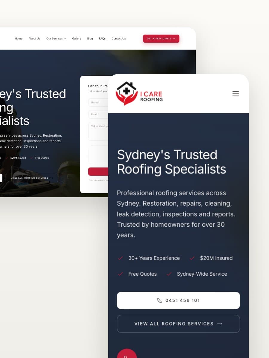 I Care Roofing desktop and mobile website views