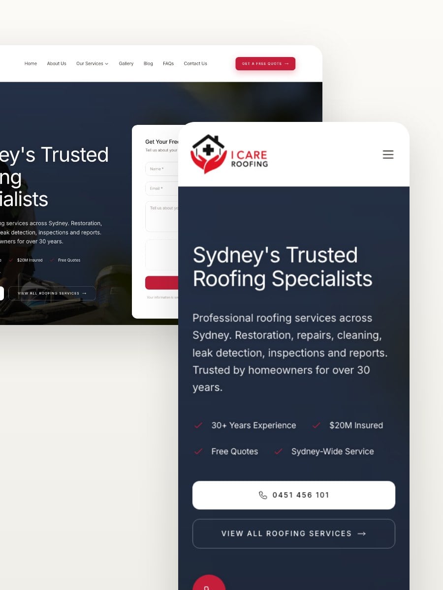I Care Roofing desktop and mobile website views