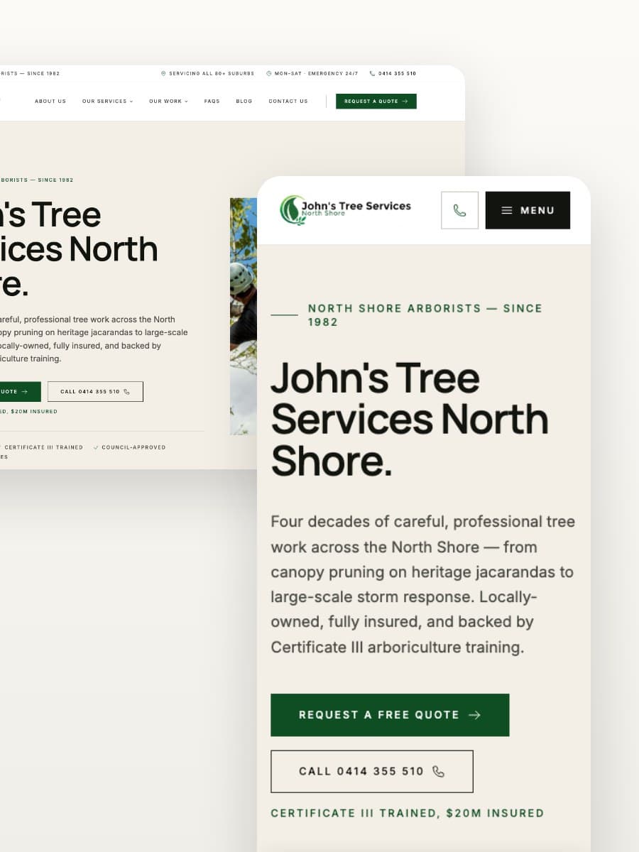John's Tree Services North Shore desktop and mobile website views