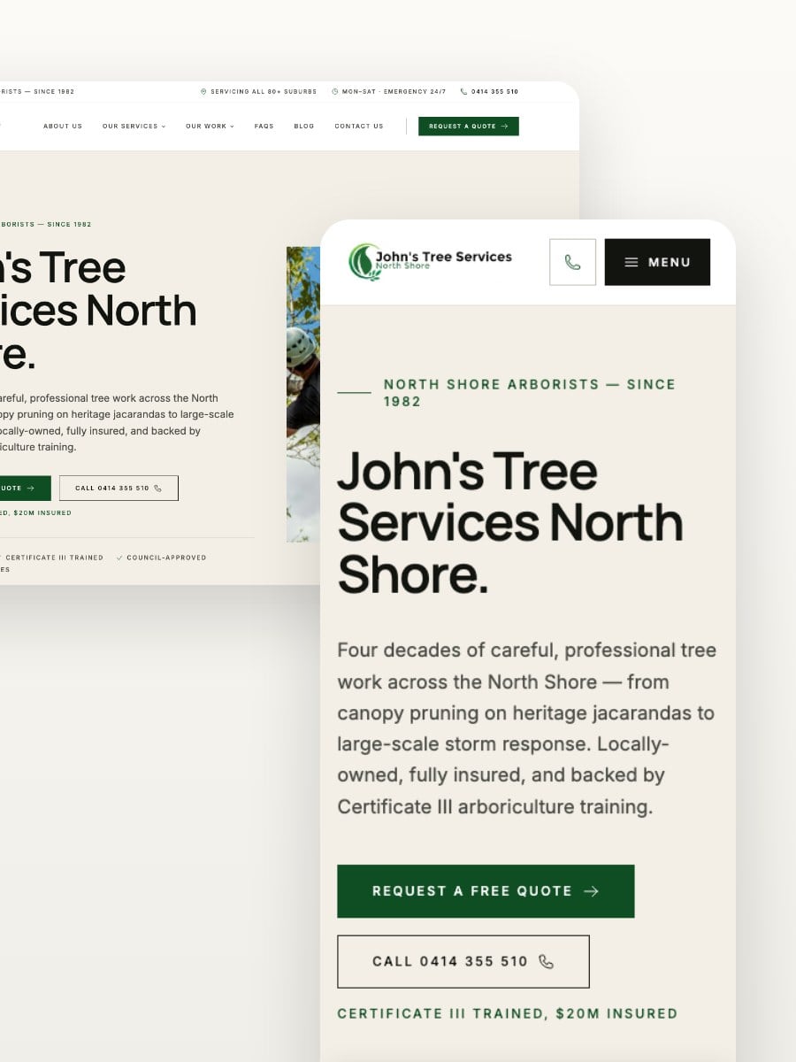 John's Tree Services North Shore desktop and mobile website views
