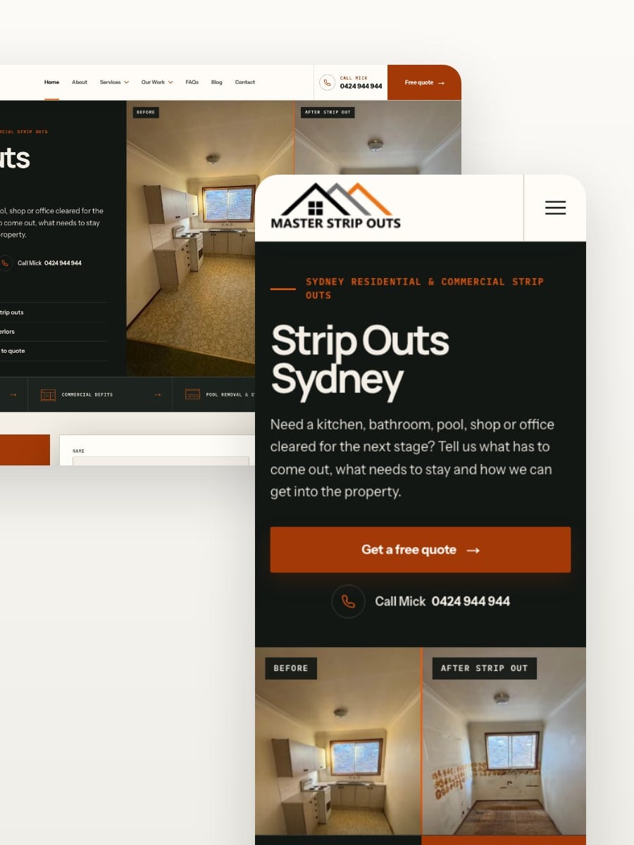 Master Strip Outs desktop and mobile website views