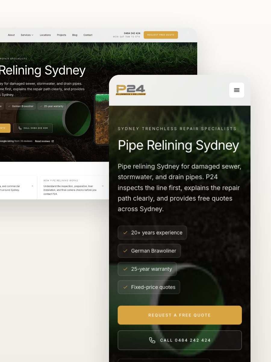 P24 Pipe Relining Sydney desktop and mobile website views
