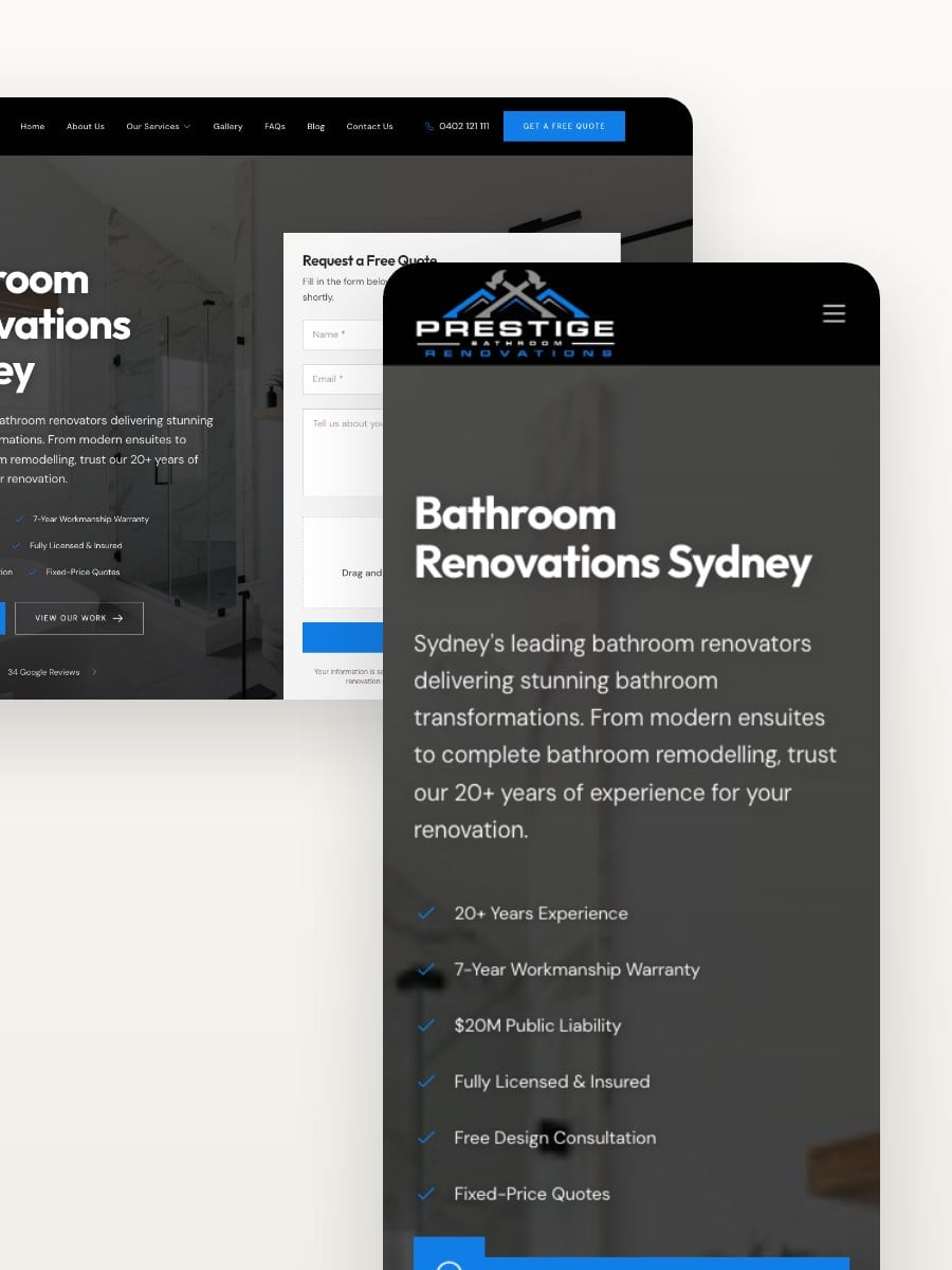 Prestige Bathroom Renovations desktop and mobile website views