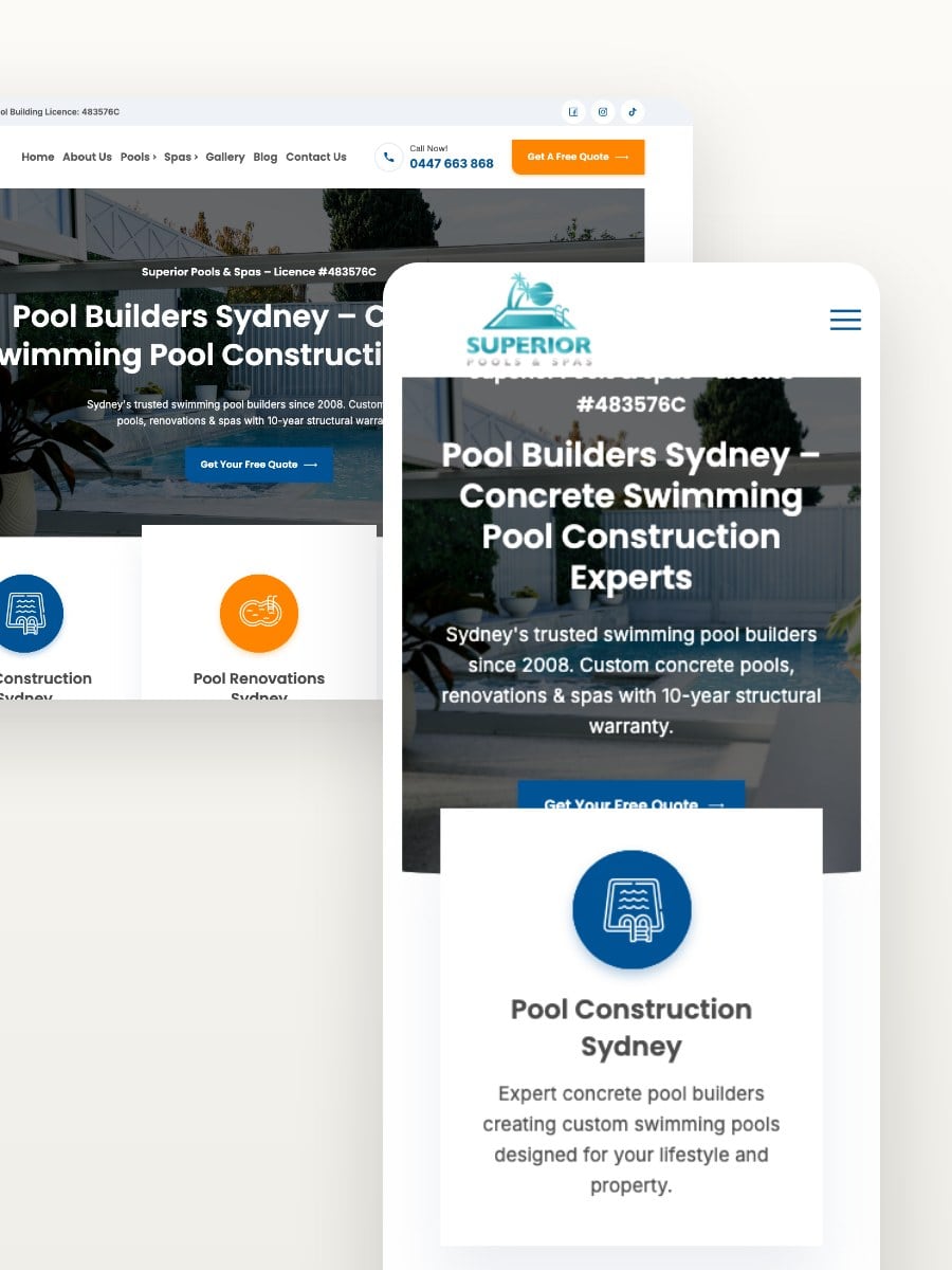 Superior Pools & Spas desktop and mobile website views