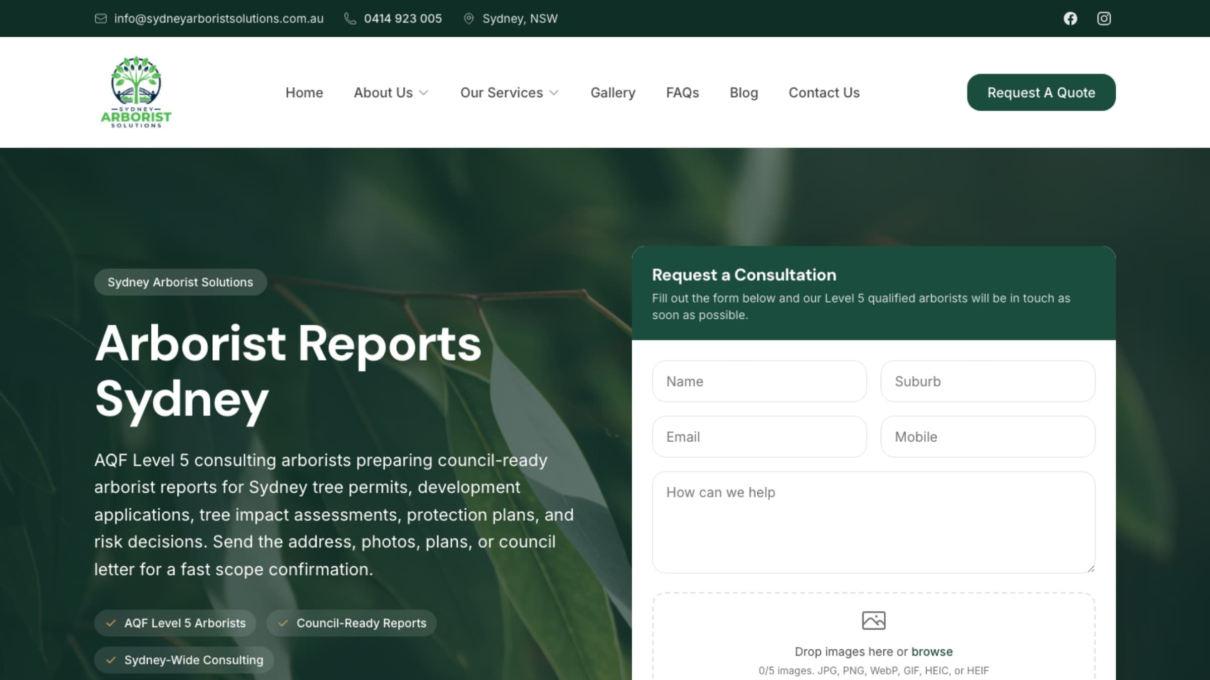 Sydney Arborist Solutions desktop website view