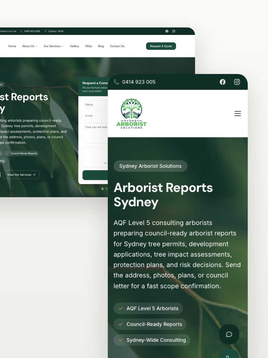 Sydney Arborist Solutions desktop and mobile website views