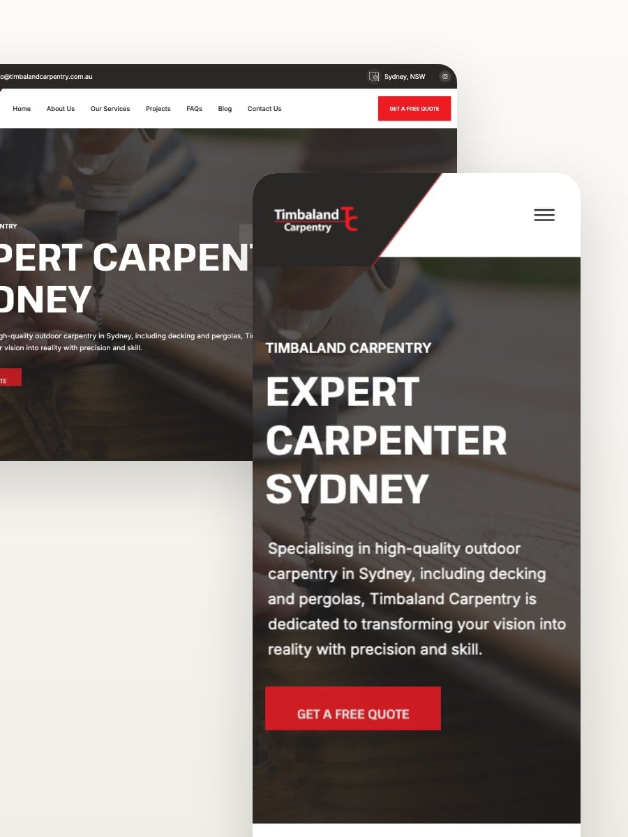 Timbaland Carpentry desktop and mobile website views