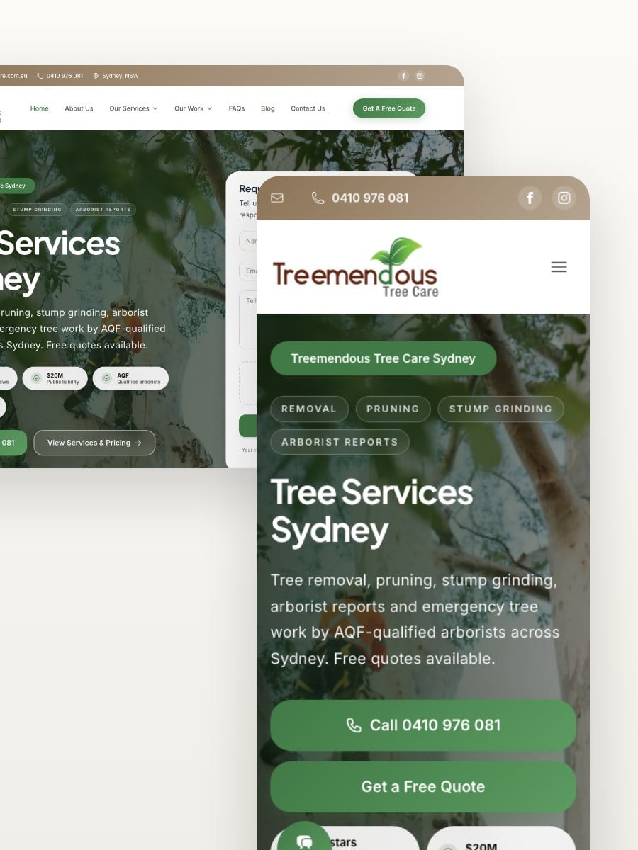 Treemendous Tree Care desktop and mobile website views